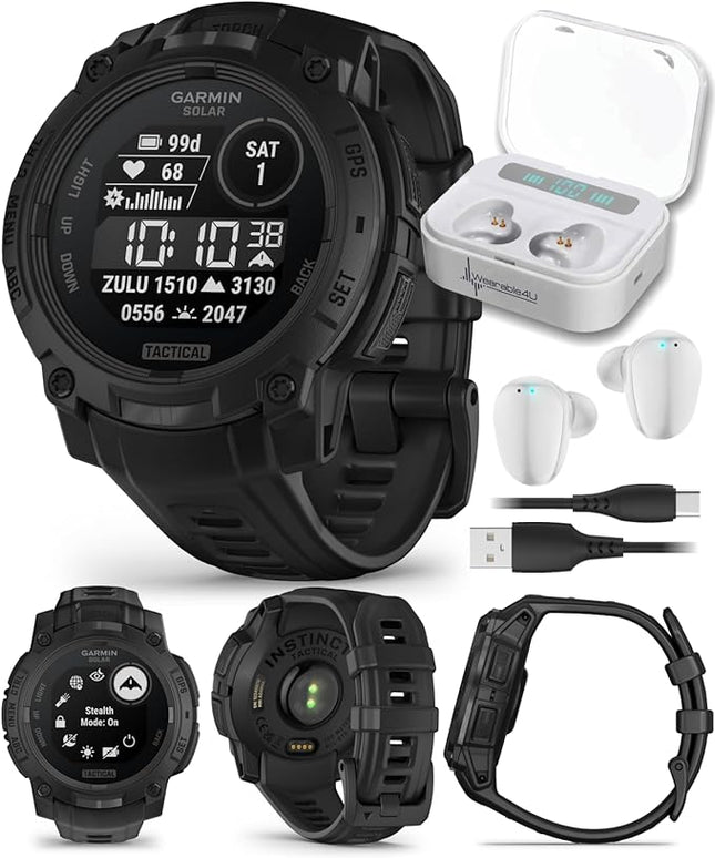 Wearable4U Garmin Instinct 3 Tactical Edition, Solar Charging Display, 45mm, Rugged Outdoor GPS Smartwatch, Applied Ballistics Support, LED Flashlight, Multi-Band GPS White Earbuds Bundle