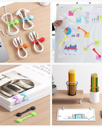 Tounee Reusable Silicone Magnetic Cable Ties - 2 Sizes Combo (4pcs 2.95'' + 10pcs 7.68'') - Multi-Purpose for Cable Bundling, Organizing, Bookmarks & Fridge Magnets - Assorted Colors, 14-Pack