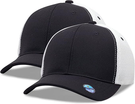 [2 Pack] Hybrid Stretch-Fitted Trucker Cap, Baseball Cap with Air Mesh