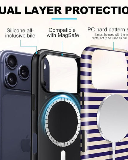 Magnetic for iPhone 17 Pro Max Case Cute Stripes Phone Case, Shockproof Slim TPU and Hard PC Protective Phone Cover Compatible with MagSafe Designed for Women Girls, Blue&Apricot