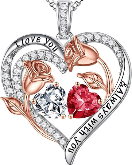 Iefil Christmas Gifts for Women Wife - 925 Sterling Silver Rose Heart Birthstone Necklace Birthday Anniversary Jewelry Gifts for Her Wife Mom Daughter