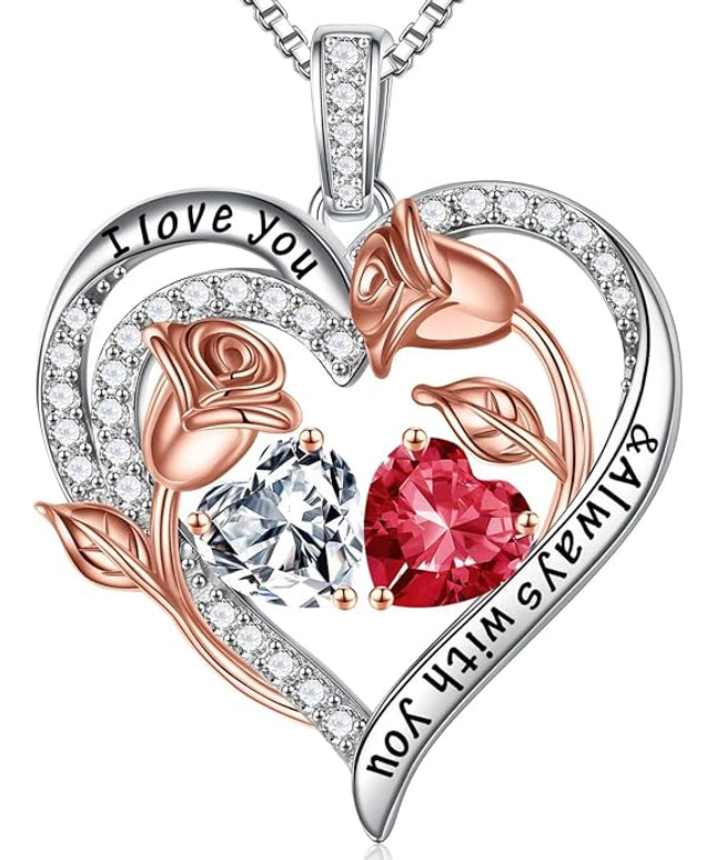 Iefil Christmas Gifts for Women Wife - 925 Sterling Silver Rose Heart Birthstone Necklace Birthday Anniversary Jewelry Gifts for Her Wife Mom Daughter
