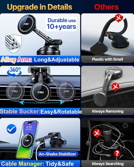 YRU Upgraded Magnetic Phone Holder for Car【Patented & Super Magnet】 for MagSafe Car Mount Dashboard Magnet Phone Holder Windshield Phone Stand for iPhone 17 16 15 14 13 12 Pro Max Samsung, Black