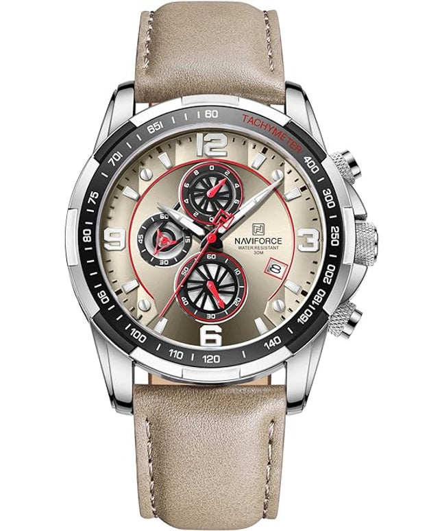 NAVIFORCE Sport Watches for Men Analog Quartz Chronograph Leather Strap Wrist Watch