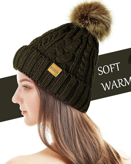 REDESS Women Winter Pompom Beanie Hat with Warm Fleece Lined, Thick Slouchy Snow Knit Skull Ski Cap