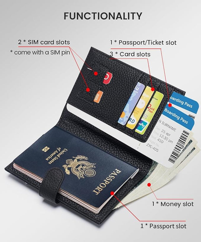 RFID Slim Passport Holder for Man & Women, Compact Leather Passport Wallet with Card Holders SIM Slots, Zippered Coins Pocket and Cash Holder Travel Passport Cover Case, Black