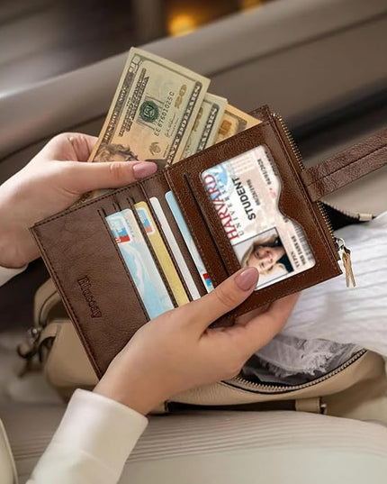 Blucoay Leather Wallet Women,RFID Blocking Small Wallets for Women Compact Bifold Wallet Card Holder With Zipper Coin Pocket darkbrown