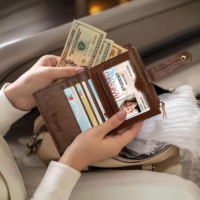 Blucoay Leather Wallet Women,RFID Blocking Small Wallets for Women Compact Bifold Wallet Card Holder With Zipper Coin Pocket darkbrown