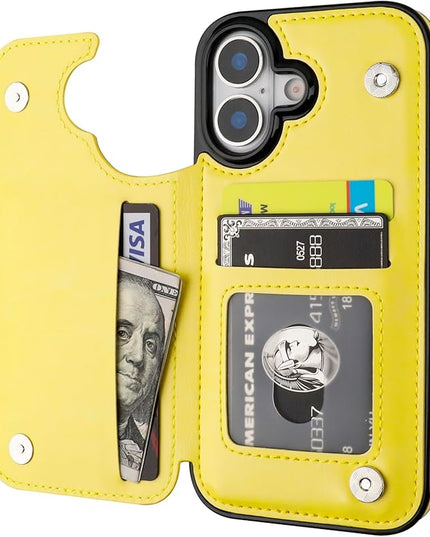 ONETOP Compatible with iPhone 17 Wallet Case with Card Holder, PU Leather Kickstand Card Slots Case, Double Magnetic Clasp and Durable Shockproof Cover 6.1 Inch (Yellow)