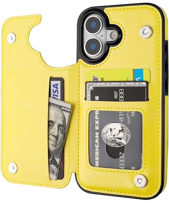 ONETOP Compatible with iPhone 17 Wallet Case with Card Holder, PU Leather Kickstand Card Slots Case, Double Magnetic Clasp and Durable Shockproof Cover 6.1 Inch (Yellow)