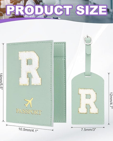 PATIKIL Passport Holder for Travel, Initial Passport Cover and Luggage Tag Set with Alphabet Chenille Letter Patch Travel Wallet Bag Suitcase Identifier for Women Family Travel Green R