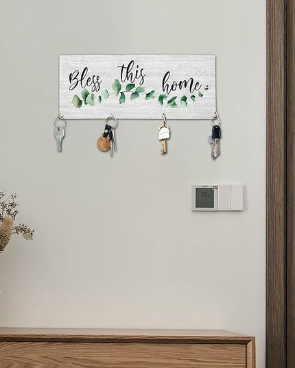 Yhtmbf Bless This Home Wooden Key Holder for Wall - 5"x10" Key Organizer Hanger with 4 Hooks for Front Door Hallway Entryway Kitchen - Home Office Decor & Housewarming Gifts Supplies - A01