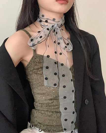 Bohemian Polka Dots Scarf for Women Delicate Lace Long Wrap Choker Necklace Graceful Ribbon Tie Neckerchief Layered Sweet Spicy Choker Fashion Soft Gauze Necklace Jewelry Gift