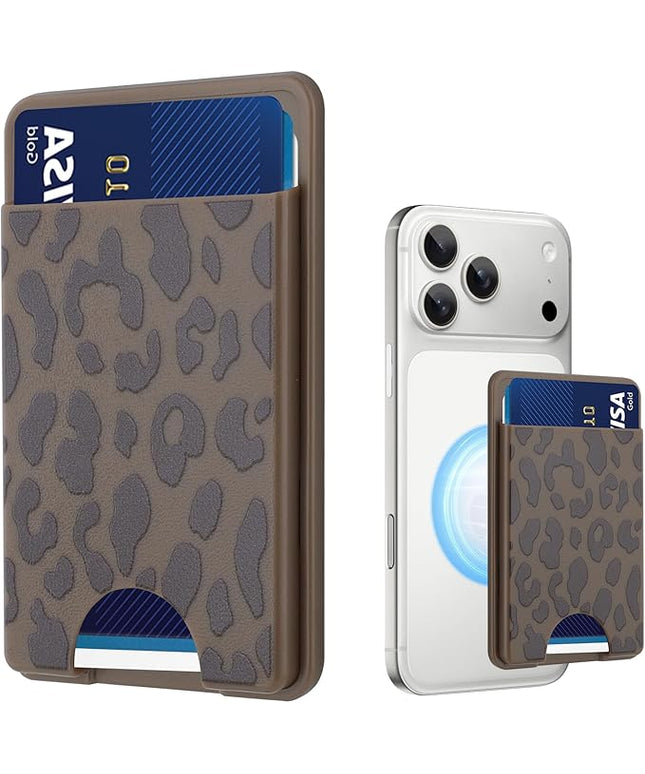 Stronger Magnetic Card Slot Wallet for iPhone 17/16/15/14/13/12 Series (Not for 13/12 Mini), Cheetah Leopard Pattern Hard Card Holder Fit 3 Cards Compatible with Magsafe Accessories, Brown