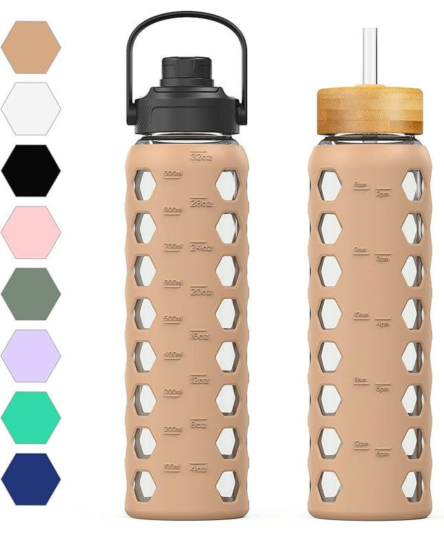 MUKOKO 32oz Glass Water Bottles with 2 Lids-Handle Spout Lid&Bamboo Straw Lid, Motivational Water Tumbler with Time Marker Reminder and Silicone Sleeve, Leakproof-Amber-1 Pack