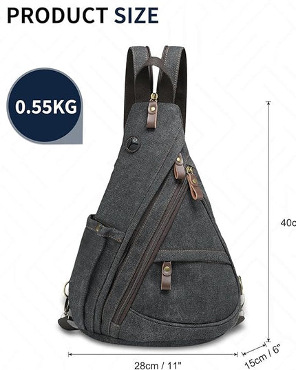 Vintage Canvas Sling Bag with Genuine Leather Zipper, 3 in 1 Crossbody, Backpack, and Chest Bag, for Travel, Hiking, 16x10x6 Inches, Black