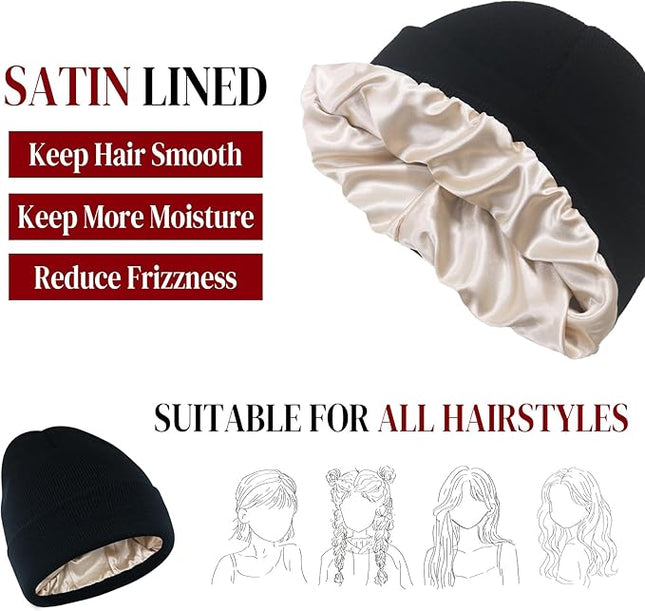 PFFY 2 Packs Womens Satin Lined Beanie Hat Silk Lining Winter Hats Beanies for Women Soft Slouchy Beanie Skull Cap