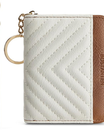 BOSTANTEN Credit Card Holder Wallet RFID Blocking Leather Small Wallet for Women Zipper Keychain Wallet with Wristlet Beige＆Brown