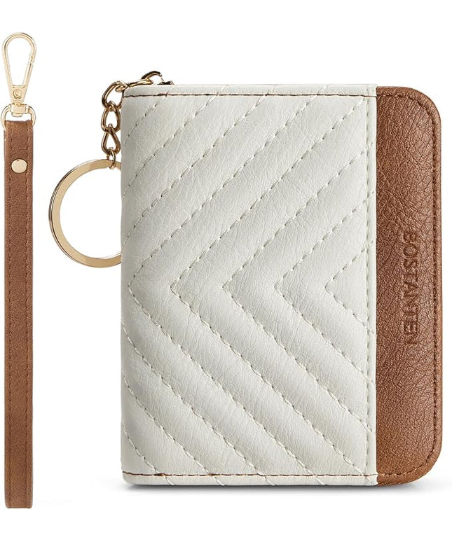 BOSTANTEN Credit Card Holder Wallet RFID Blocking Leather Small Wallet for Women Zipper Keychain Wallet with Wristlet Beige＆Brown