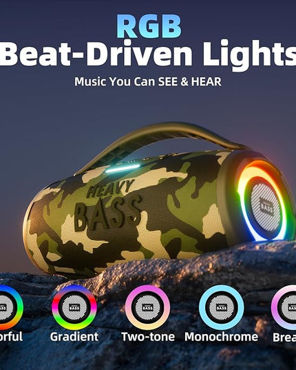 HEAVY BASS Speakers Bluetooth Wireless, 80W Max Loud Portable Speaker with Bass, 20H Playtime, IPX6 Waterproof, Dual Pairing, Gift Ideal for Adults Men Women Teen Boys Girls (Camo, Large)