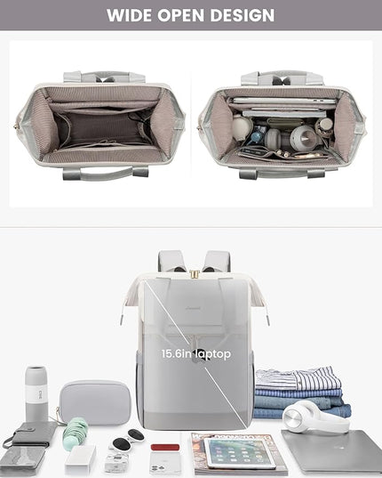 LOVEVOOK Laptop Backpack for Women, 15.6 Inch Work Laptop Bag with USB Port, Fashion Teacher Nurse Backpack Purse, Waterproof Travel Computer Backpack with Organizer Bag, 2PCS, Beige-Light Grey