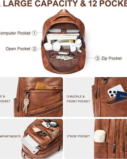 43L Backpack for Women Men - Vegan Leather Backpack Purse Travel Carry-on Bag College Bookbag Work fits 17" Laptop, Brown
