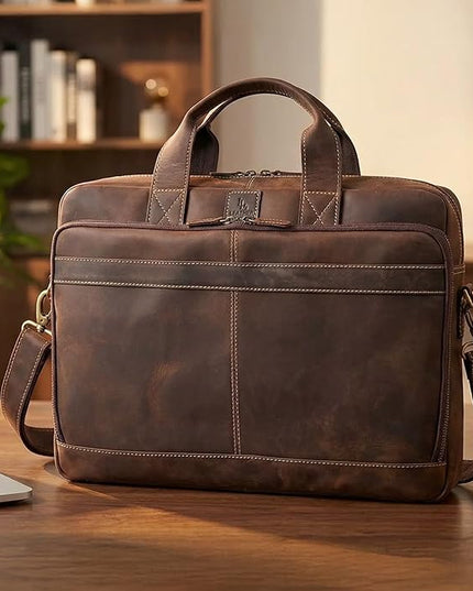 Vintage Leather Messenger Bag for Men, 16” Laptop Satchel with Adjustable Shoulder Strap, Briefcase Office Work & Travel Bag