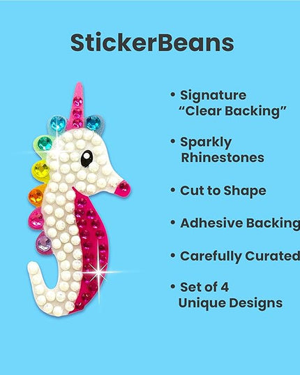 StickerBeans® Rhinestone Stickers – Whimsical 4-Pack, 2” x 2” Unique Sparkly Cut-to-Shape for Collecting, Trading, Decorating Laptops, Phone Cases, Scrapbooks, Kids, Teens, & Adults