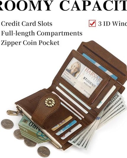 Blucoay Womens Wallet,RFID Blocking Wallet Women Soft Leather Bifold Small Wallets For Women Card Holder With Removable ID Window(whitebrown)