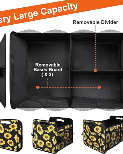 Trunk Organizer, Collapsible Trunk Organizers and Storage, Car Accessories for Women and Men, Multi-Compartment Trunk Storage Organizer for SUV, Car, Mini-Van - Sunflower