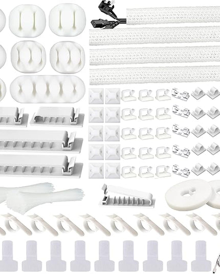 White Cable Management Organizer Kit 4 Cable Sleeve Split,47Cable Clips 12Cord Clips Holder,22 Cable Ties, 20 Adhesive Wall Cable Tie, 200Fasten Cable Ties for TV Electronics