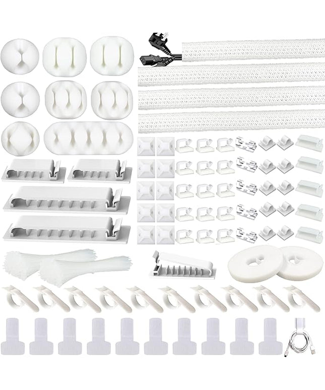White Cable Management Organizer Kit 4 Cable Sleeve Split,47Cable Clips 12Cord Clips Holder,22 Cable Ties, 20 Adhesive Wall Cable Tie, 200Fasten Cable Ties for TV Electronics