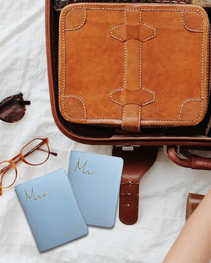 Mr&Mrs Gifts Matching Passport Covers for Mr and Mrs, Husband and Wife Gits - Engagement Gifts for Couples, Honeymoon Travel Essentials Gift for Newlyweds(MM Light Blue)