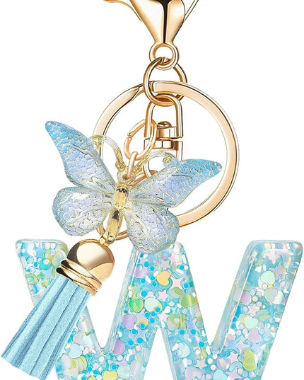Fashion Alphabet Initial Letter Keychain Tassel Butterfly Pendant Key Ring for Purse Handbags Women Girl