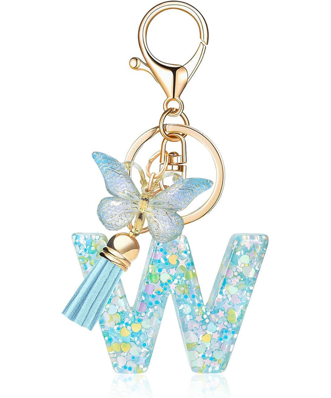 Fashion Alphabet Initial Letter Keychain Tassel Butterfly Pendant Key Ring for Purse Handbags Women Girl