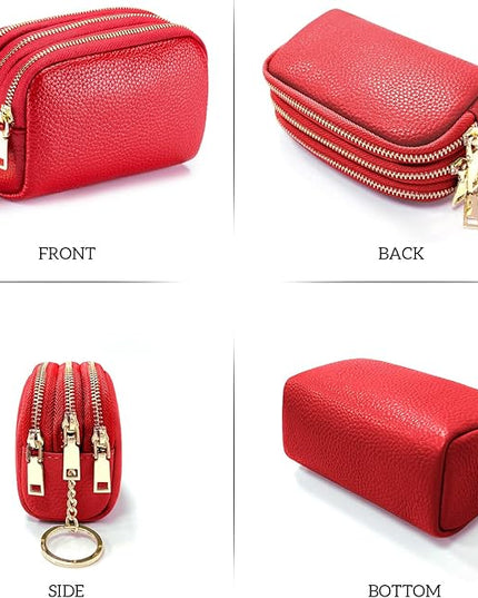 LINNO 3 Zippered Genuine Leather Coin Purse Triple Capacity Change Pouch Little Travel Wallet With Key Ring for Women