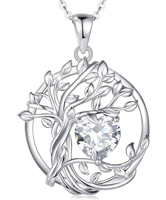 FANCIME Tree of life Birthstone necklace Sterling Silver Pendant Birthstone Necklace Gemstone Anniversary Birthday Jewelry Christmas Gifts for Mom Her Wife