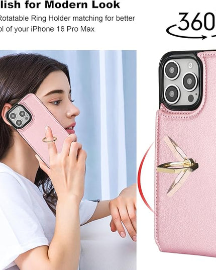 Folosu Compatible with iPhone 16 Pro Max Case Wallet with Card Holder, 360°Rotation Finger Ring Holder Kickstand, RFID Blocking Leather Protective Double Buttons Shockproof Cover 6.9 Inch Rose Gold