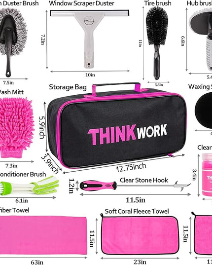 THINKWORK Pink Car Detailing Cleaning Kit, Car Wash Kit, Car Accessories for Women Suitable for Small and Medium Vehicles Such As Cars, Trucks, Suvs(17pcs)