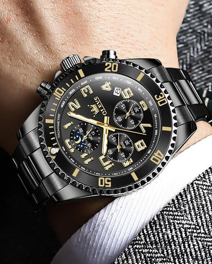 OLEVS Mens Watches Chronograph Watch Luxury Dress Stainless Steel Waterproof Watches for Men Moon Phase Luminous Business Calendar Wrist Watch Blue/Black/Green/Gold/Face