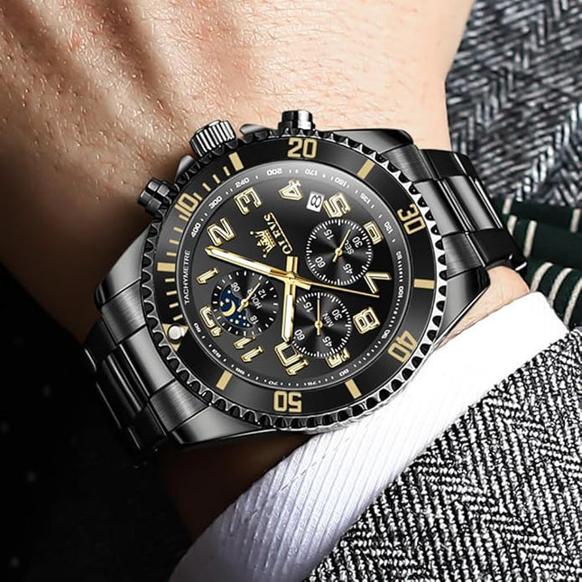 OLEVS Mens Watches Chronograph Watch Luxury Dress Stainless Steel Waterproof Watches for Men Moon Phase Luminous Business Calendar Wrist Watch Blue/Black/Green/Gold/Face