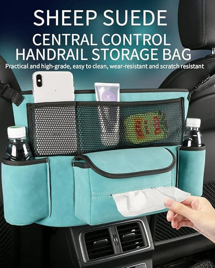 JEYODA Car Handbag Holder Between Seats Suede Large Capacity Car Purse Holder Automotive Consoles & Organizers for Document Phone Storage Car Accessories Interior (1925-style 2 blue)