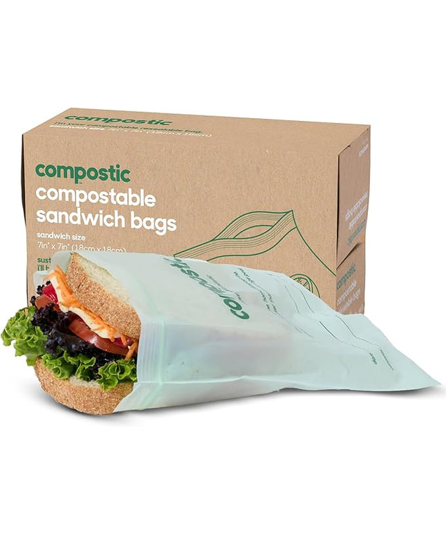 Compostic Home Compostable Resealable Sandwich Bags, Microwave & Freezer Safe, Organic Food Storage Container, 90 Count + 10 Bonus Bags