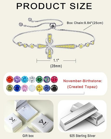YL Cross Bracelet 925 Sterling Silver Infinity Sideways Link Bracelet Birthstone Jewelry for Women
