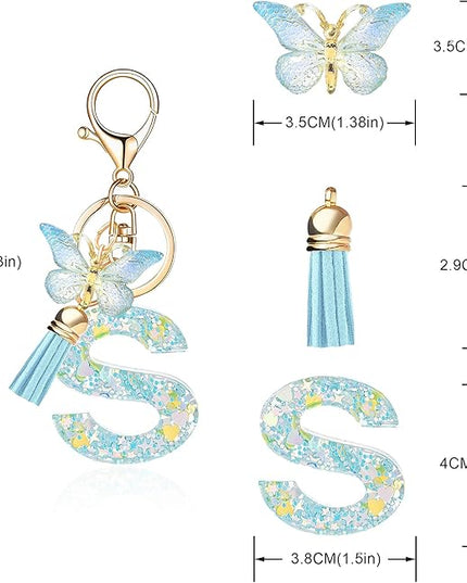 Fashion Alphabet Initial Letter Keychain Tassel Butterfly Pendant Key Ring for Purse Handbags Women Girl
