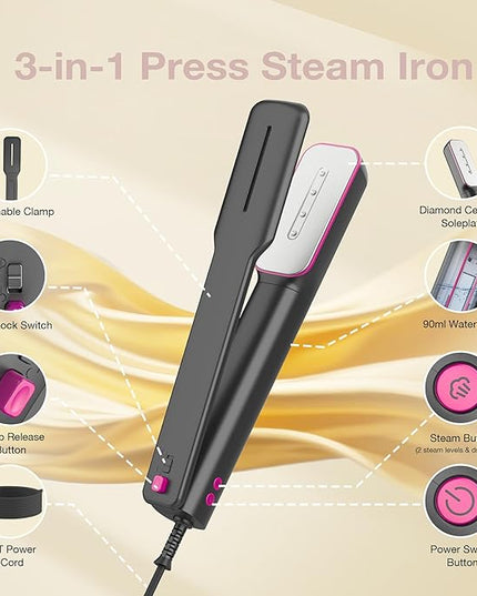 Newbealer 3in1 Clamp Travel Steam Iron with Global Voltage, 100-240V Clothes Steamer, Dry Ironing & 2 Steam Levels, Non-Stick Ceramic Soleplate, Auto-off, Self Cleaning, w/Detachable Clamp (Ashpink)