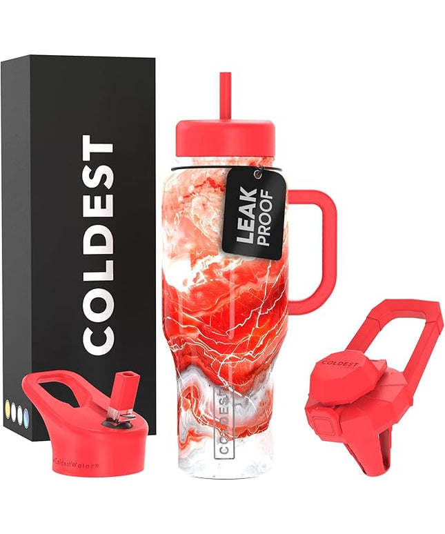 Coldest Tumbler with Handle and Straw - 100% Leak Proof Insulated Tumbler with Lid and Straw (3 Lids) - Stainless Steel Tumblers for Women & Men, Cup Holder Friendly Base, 36 oz (Molten Ivory)