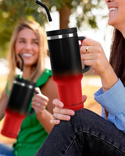 40oz Tumbler with Handle and Straw Spout 2-in-1 Lid, Spill Leak Proof Insulated Travel Cup Traveler Water Mug Keep Cold Hot, Dishwasher Safe Stainless Steel Bottle Gifts for Women Men, Black Red