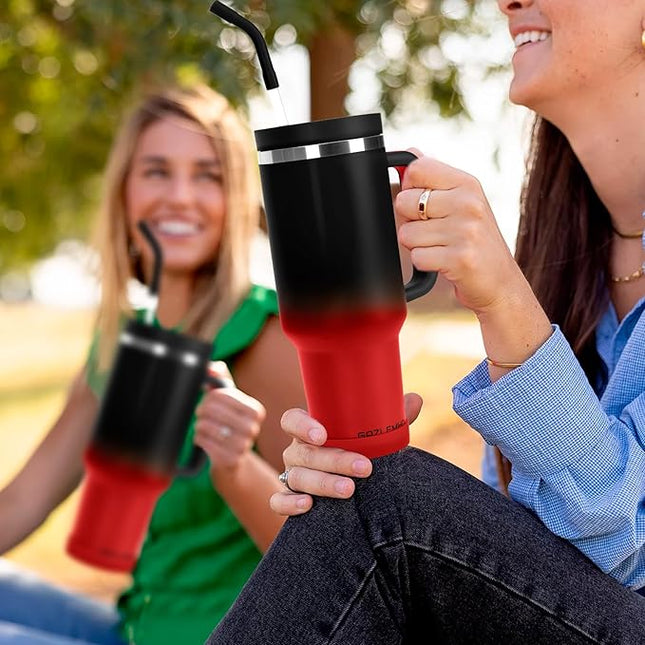 40oz Tumbler with Handle and Straw Spout 2-in-1 Lid, Spill Leak Proof Insulated Travel Cup Traveler Water Mug Keep Cold Hot, Dishwasher Safe Stainless Steel Bottle Gifts for Women Men, Black Red