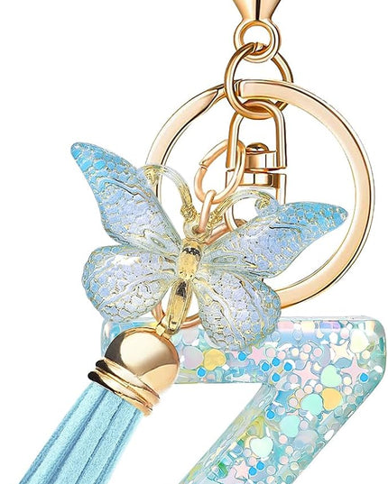 Fashion Alphabet Initial Letter Keychain Tassel Butterfly Pendant Key Ring for Purse Handbags Women Girl